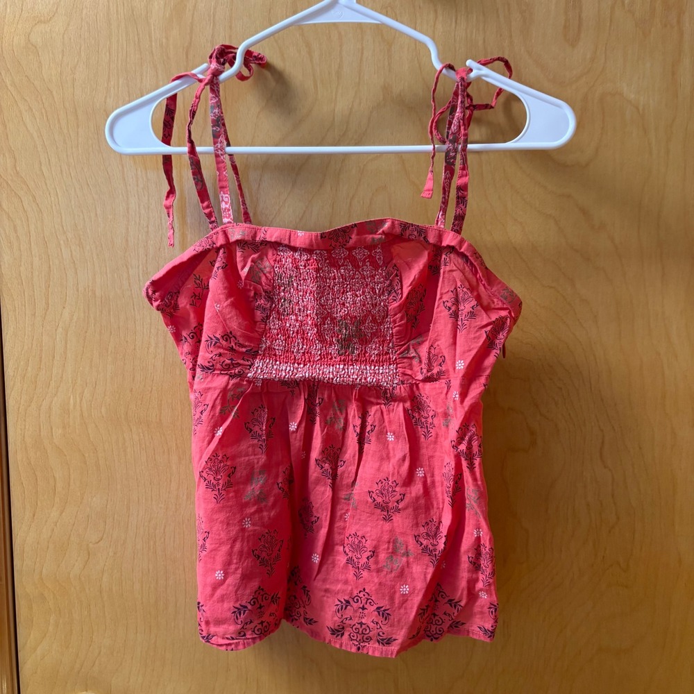 Edme & Esyllte Camisole Women 2 Coral Red Cotton Smocked Tie Shoulder Boho Top